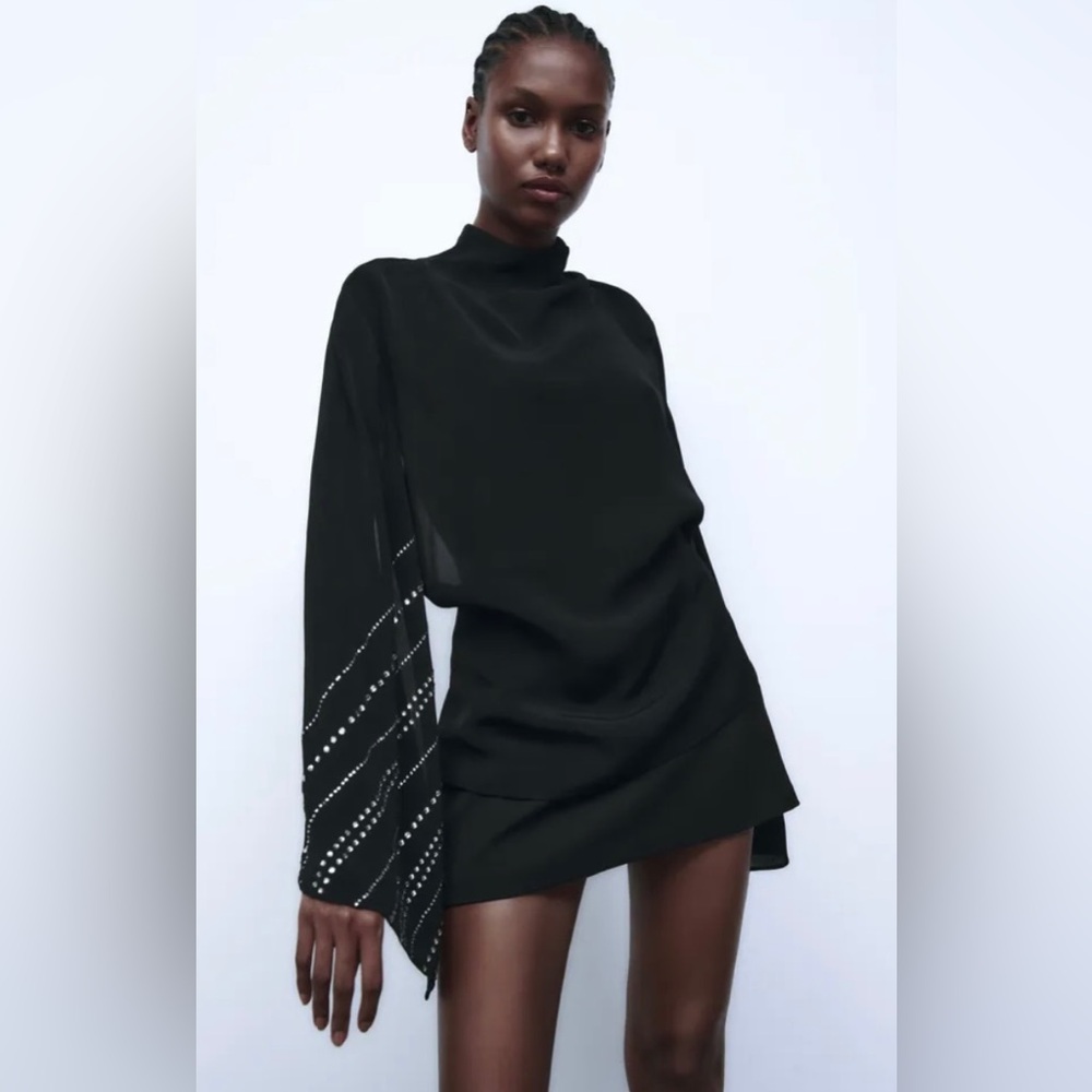 Zara RHINESTONE CAPE SLEEVED BLOUSE